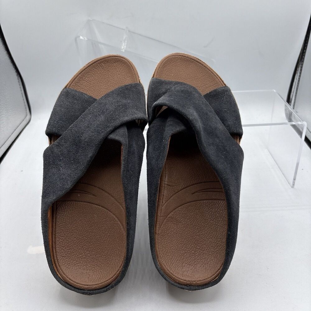 FitFlop Kys Slide Sandals Blue Suede Leather Women 6 Cross Strap Cork Footbed